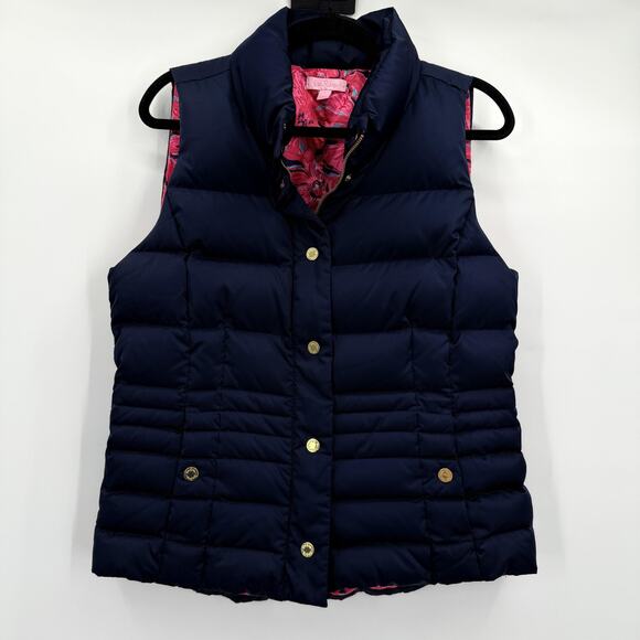 Lilly Pulitzer Jackets & Blazers - Lilly Pulitzer Vest Womens Large Navy Quilted Puffer Down Pink Print Lining